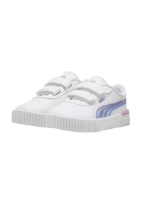 Zapatillas blancas con dos tiras de Velcro, una textura suave y un acento metálico en púrpura y rosa en el lateral. Suela blanca estriada.