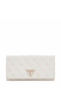 Portafoglio bianco con un motivo logo sottile, dettagli in metallo color oro e una targhetta triangolare con il nome del marchio sul davanti.