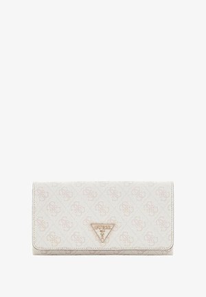 Portafoglio bianco con un motivo logo sottile, dettagli in metallo color oro e una targhetta triangolare con il nome del marchio sul davanti.