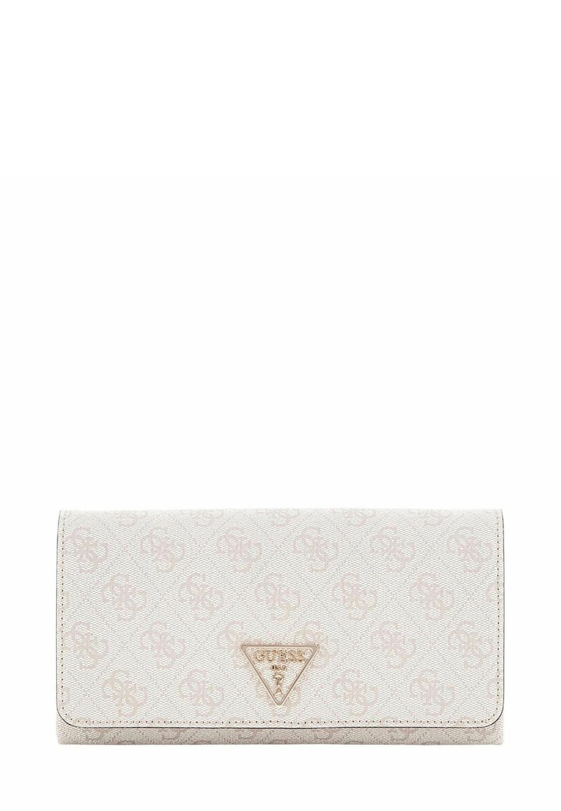 Portafoglio bianco con un motivo logo sottile, dettagli in metallo color oro e una targhetta triangolare con il nome del marchio sul davanti.