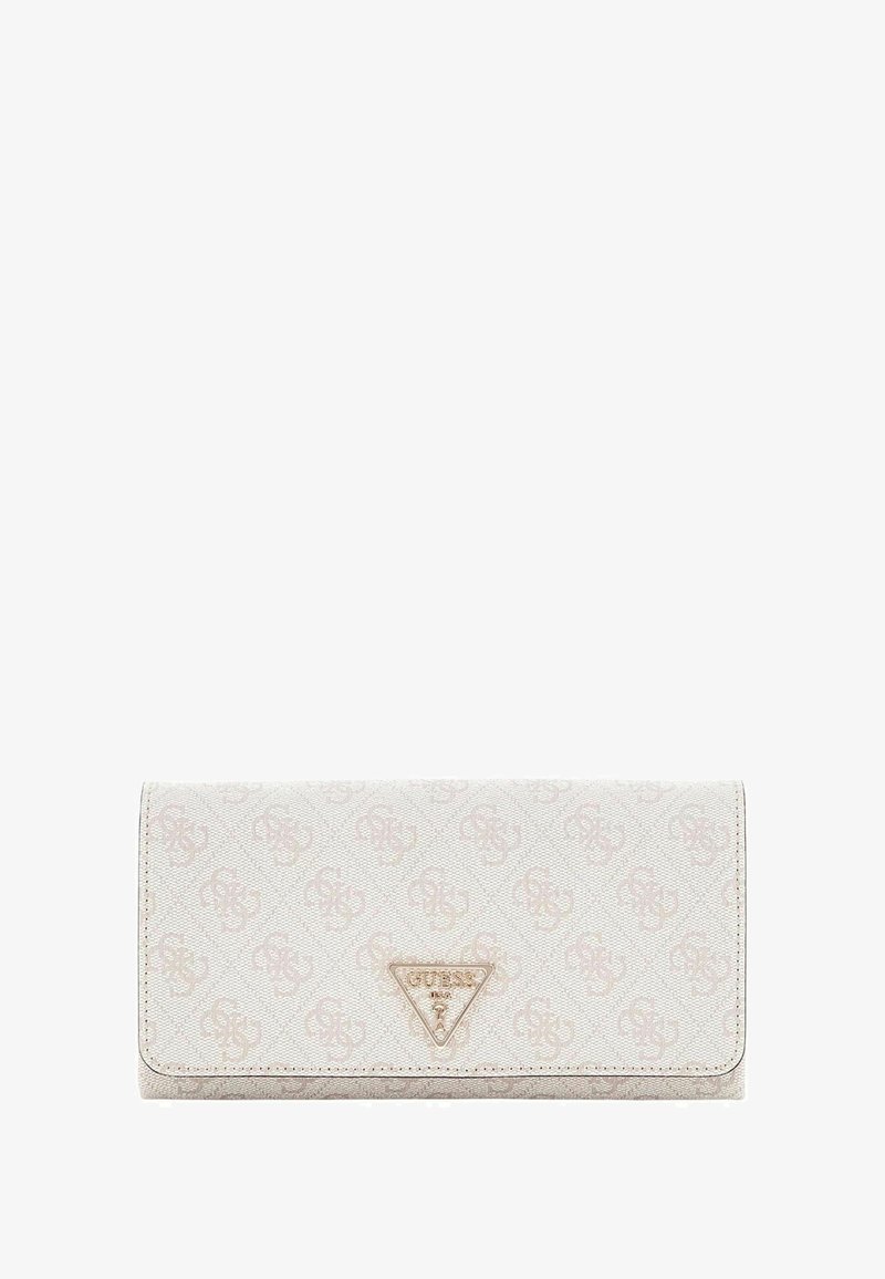 Portafoglio bianco con un motivo logo sottile, dettagli in metallo color oro e una targhetta triangolare con il nome del marchio sul davanti.