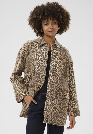 Leopardenmuster-Jacke in Beige und Schwarz, mit Kragen, überschnittenen Schultern und zwei Fronttaschen. Hergestellt aus strukturiertem Stoff.