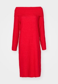Abito lavorato a maglia rosso scollato sulle spalle con maniche lunghe, caratterizzato da un colletto a coste e una silhouette dritta. Tessuto morbido e lunghezza appena sopra il ginocchio.