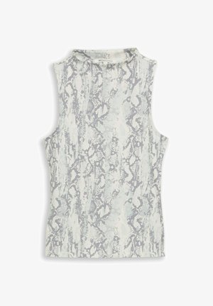 Ärmelloses Oberteil mit hellgrauem und weißem Schlangenprint-Muster und rundem Ausschnitt, flach gefaltet auf weißem Hintergrund.