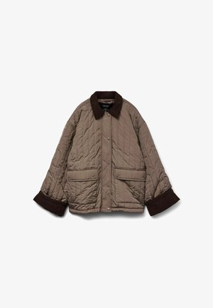 Padded jacket in taupe with a brown corduroy collar and cuffs, featuring two front pockets and diamond quilted texture.