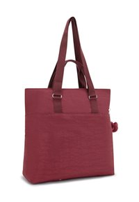 Bordowa prostokątna torba tote z podwójnymi długimi uchwytami i zewnętrzną przednią kieszenią, wykonana z teksturowanej tkaniny, ukazana pod kątem.