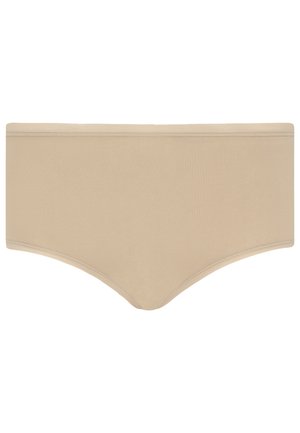 Ropa interior hipster beige hecha de un tejido suave, con una textura lisa, una cinturilla ancha y un diseño sin costuras.