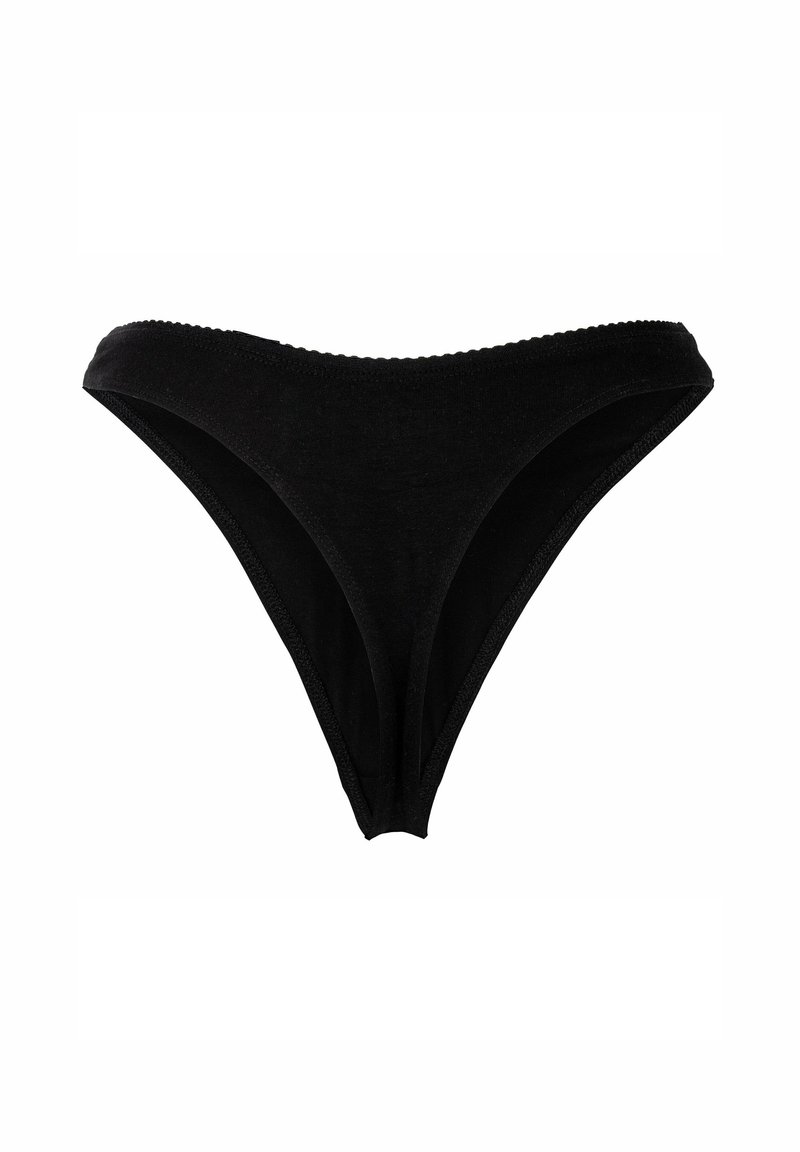 Ropa interior femenina estilo bikini de algodón negro con cintura elástica y detalle de borde festoneado sobre fondo blanco.
