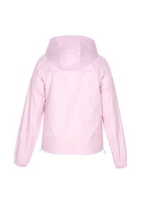 Lys pink, hættejakke med elastiske manchetter og snor i sømmen. Glat, blankt stof med et enkelt design og ingen synlige metaldele.