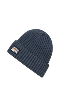 Beanie a coste blu scuro realizzato in morbido tessuto a maglia, con una piccola etichetta con un design di montagna e testo sul lato.