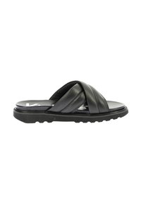 Sandalo slide in pelle nera con fasce incrociate, suola piatta con presa testurizzata e logo sulla soletta. Design minimalista, forma elegante.