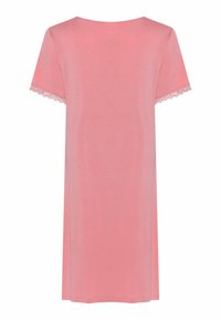 Abito da notte rosa a maniche corte con scollatura rotonda e finiture in pizzo sulle maniche. Realizzato in tessuto morbido, presenta un design dritto alla lunghezza del ginocchio.