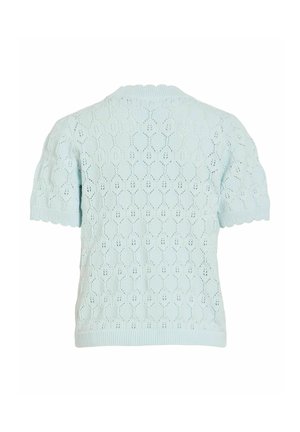 Suéter de punto de manga corta en azul claro con un delicado patrón calado y bordes acanalados con forma de volantes en las mangas y el dobladillo.