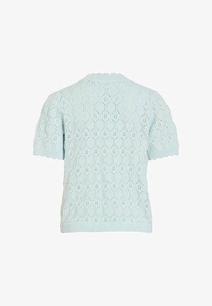 Lyseblå kortærmet strikket sweater med et fint hulmønster og ribbede bølgede kanter på ærmer og kant.