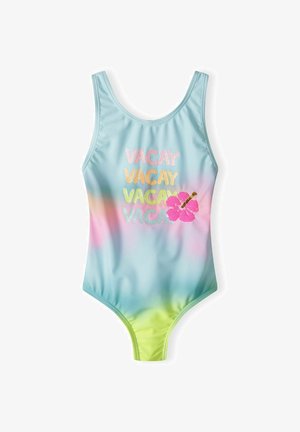 Maillot de bain bleu clair avec un dégradé vers le vert. Présente "VACAY" en paillettes colorées et une fleur d'hibiscus rose. Matière lisse et extensible.