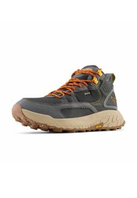 Gray hiking shoe with orange laces, textured material, padded collar, and a visible Vibram outsole. Features a waterproof design.