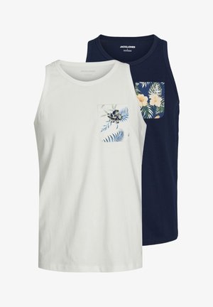 Two tank tops: one white with a floral-print pocket, and one navy with a tropical-print pocket. Both are made of smooth cotton fabric.