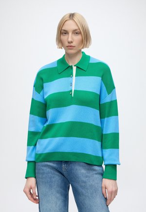 Tommy Hilfiger, PREMIUM KNIT GOLD-TONE BUTTON POLO JUMPER - поло риза - stripe green / frigid blue