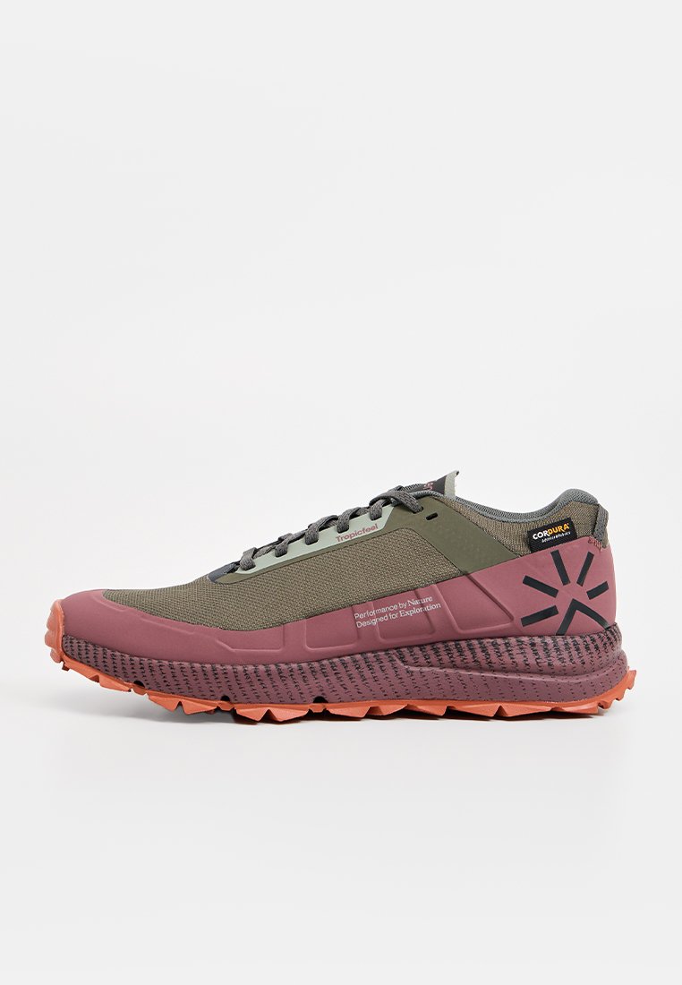 Hiking shoes in olive green and burgundy, featuring a mesh upper, textured rubber sole, and black logo accents. Durable and rugged design.