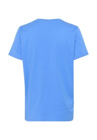 T-shirt à manches courtes en coton bleu clair avec un col rond et une texture lisse, présentant un dos uni sans aucune embellissement.