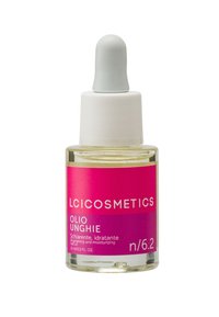 Bottiglia contagocce in vetro trasparente con un tappo bianco opaco, contenente olio giallo, con un'etichetta rosa vivace con testo bianco.