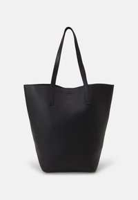 Sac fourre-tout en cuir noir avec une forme structurée, une texture lisse et deux poignées robustes. Présente un design minimaliste et un marquage discret.