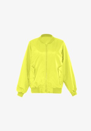 Světlá žlutá bomber bunda s předním zipem, žebrovaným límcem a manžetami, a dvěma bočními kapsami. Vyrobena z lehkého, lesklého materiálu.