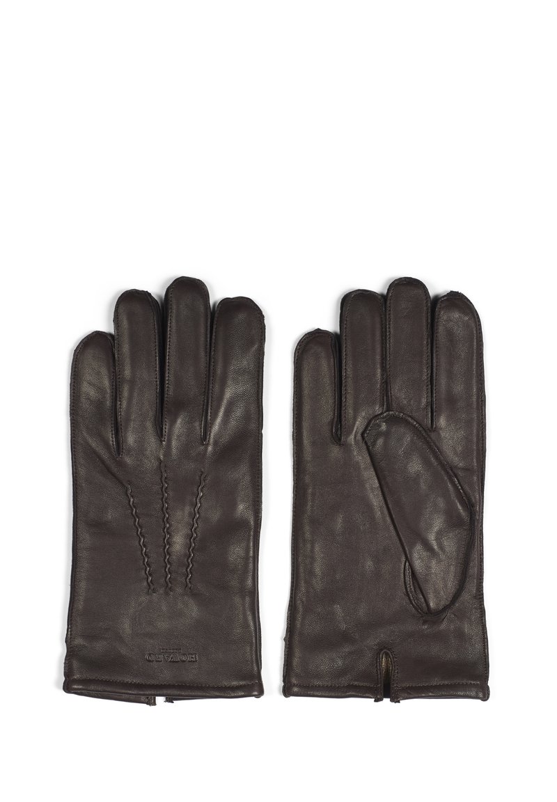 Brune skinnhansker med en jevn tekstur, fem-finger design, dekorativ søm på baksiden, og en subtil søm ved håndleddet.