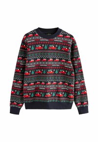 Maglione di Natale rosso, verde e nero con camion, alberi e fiocchi di neve a motivo, con polsini e collo a coste. Materiale in misto cotone.