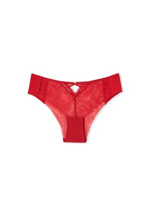 Rotes Spitzen- und Netz-Damenbikini-Unterwäsche mit einem kleinen Schlüsselloch und einem goldenen Verschlussdetail in der vorderen Mitte.