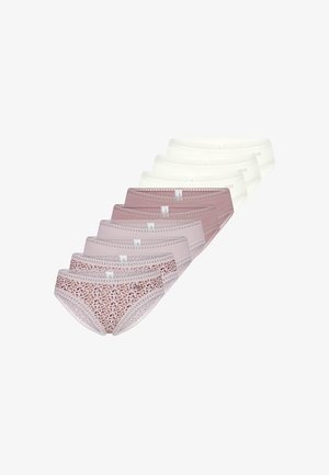 Siedem damskich majtek w stylu bikini ułożonych gradientowo, z wzorami, w kolorach jasnoróżowym, mauve i białym.