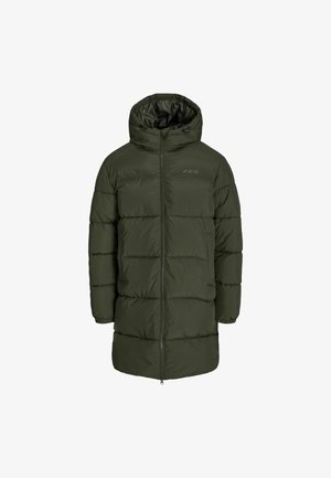 Maslinasto zeleni puffer kaput s kapuljačom, s prednjim patentnim zatvaračem, qiltiranim dizajnom i elastičnim manžetama za toplinu i udobnost.