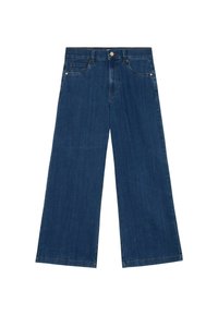 Jeans de pierna ancha en denim azul oscuro, con una cintura alta, cinco bolsillos y costuras en contraste. Textura suave con un ajuste clásico.