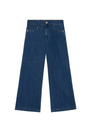 Weite Jeans in dunkelblauem Denim, mit hoher Taille, fünf Taschen und kontrastierenden Nähten. Glatte Textur mit klassischer Passform.