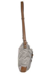 Borsa a mano in tessuto grigio con tracolla e rifiniture in pelle marrone, tasca laterale con cerniera e dettaglio con fibbia regolabile.