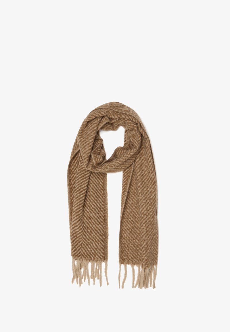 Brauner Wollschal mit Fischgrätenmuster, Fransen an den Rändern und einer weichen, strukturierten Oberfläche. Die Länge ermöglicht ein angenehmes Wickeln.