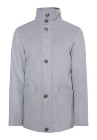 Grijze wollen jas met een staande kraag, vijf grote knopen, twee voorzakken en een minimalistisch ontwerp. Zachte textuur met een gladde afwerking.