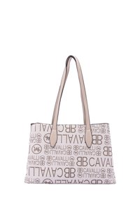 Sac fourre-tout en tissu beige avec impression de logo brun, doté de doubles bretelles et d'une forme rectangulaire structurée. Texture lisse avec des accents minimaux.