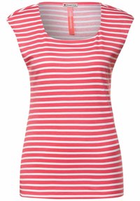Bezramenný top v korálové barvě a bílých pruzích, se lodičkovým výstřihem a měkkou bavlněnou směsovou tkaninou. Žádné viditelné zapínání.