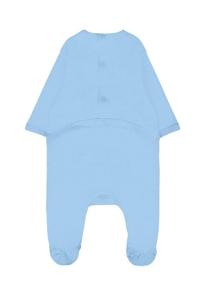 Tutina per bambino di colore azzurro chiaro, con maniche lunghe, chiusure a scatto sulla parte posteriore e sul fondo, e polsini elasticizzati ai piedi per comfort e facilità d'uso.