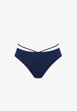 Dół od bikini w granatowym kolorze z prążkowaną teksturą i plecionym sznureczkiem nad talią.