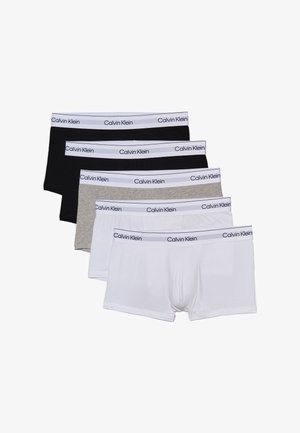 Fünf Paare Calvin Klein Boxershorts in Schwarz, Grau und Weiß. Weiches Baumwollmaterial mit elastischem Bund in Markenqualität.