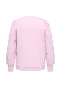 Pink sweatshirt featuring long puffed sleeves with floral cut-out details, ribbed cuffs, and a crew neck design. Smooth texture throughout.