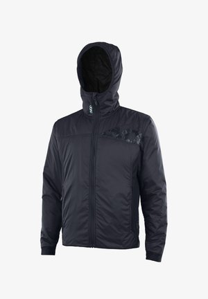 Black zip-up jacket with a hood, featuring a glossy chest pocket detail and elastic cuffs. Padded texture for warmth and comfort.