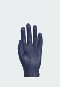 Marineblå læderhandske med tekstureret overflade, der viser fem fingre og et åbent palmdesign. Har en tæt håndledslukning med en sølvaccent.