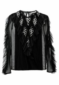 Svart blus med genomskinliga långa ärmar, med rynkad textur och dekorativt broderi av vita pärlor i geometriska mönster på framsidan.