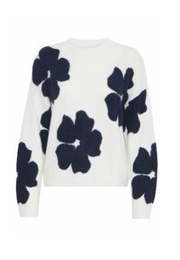 Weißer Pullover mit navyblauen Blumenmustern, runder Ausschnitt, langen Ärmeln und einem weichen, strukturierten Stoff. Florale Akzente an den Ärmeln und am Körper.