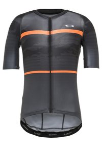 Lyhythihainen pyöräilypaita mustana, jossa on oranssi vaakaraidoitus. Paidassa on etuvetoketju ja teksturoitu kangas geometrisella kuviolla.