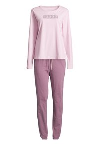 Light pink cotton long-sleeve top with "HAPPY" text detail, paired with matching light purple drawstring pants. Smooth texture, relaxed fit.