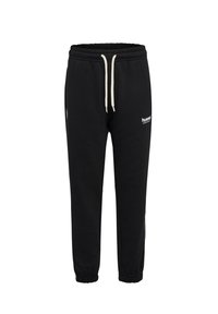 Czarne dresowe spodnie z elastycznym paskiem, z białym logo na lewej udzie i elastycznymi mankietami przy kostkach. Gładka tekstura.
